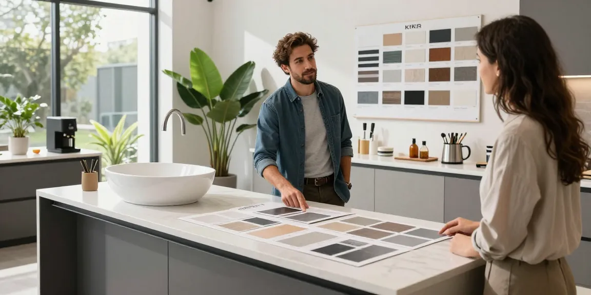 KKR solid surface countertops and freestanding basins displayed in a modern kitchen design showroom.