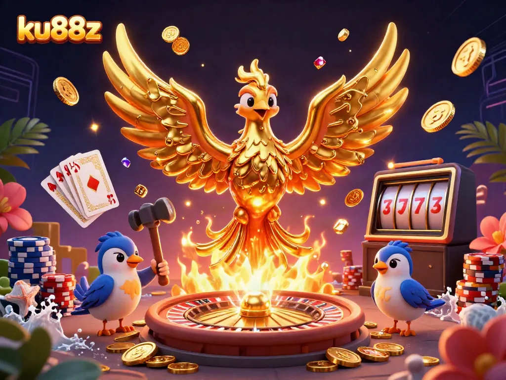 Experience thrilling bets with ku88z's vibrant gaming scene featuring a golden phoenix and casino elements.