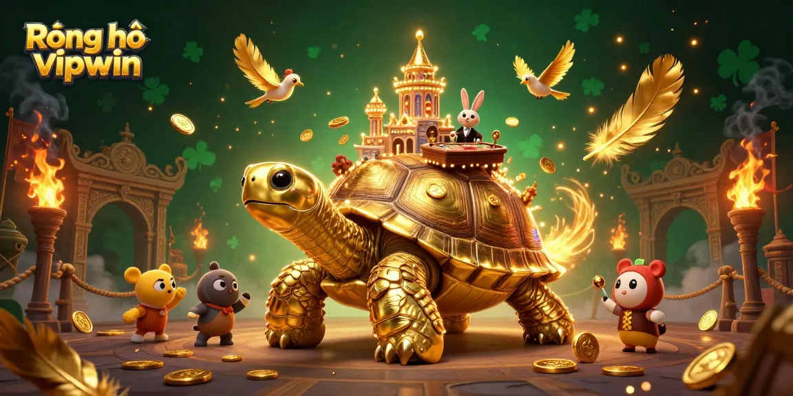 Play Rồng hổ vipwin at an exciting casino scene with a golden tortoise and a rabbit dealer.