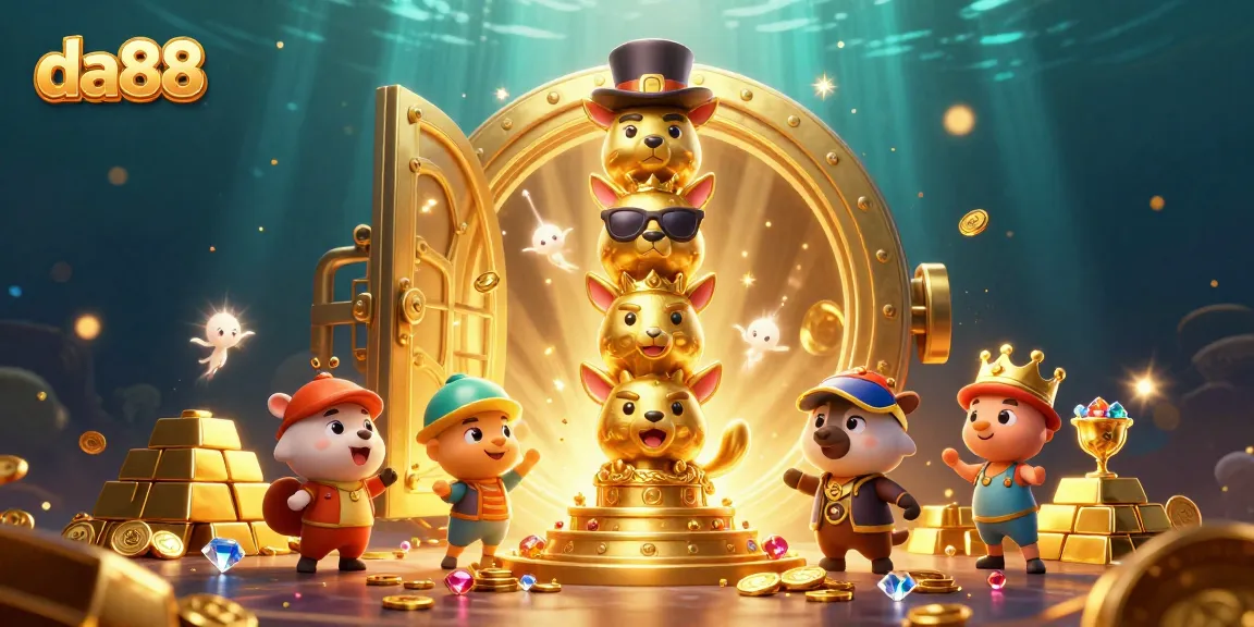 Experience excitement with da88 at a vibrant casino scene featuring a golden totem pole and treasure.