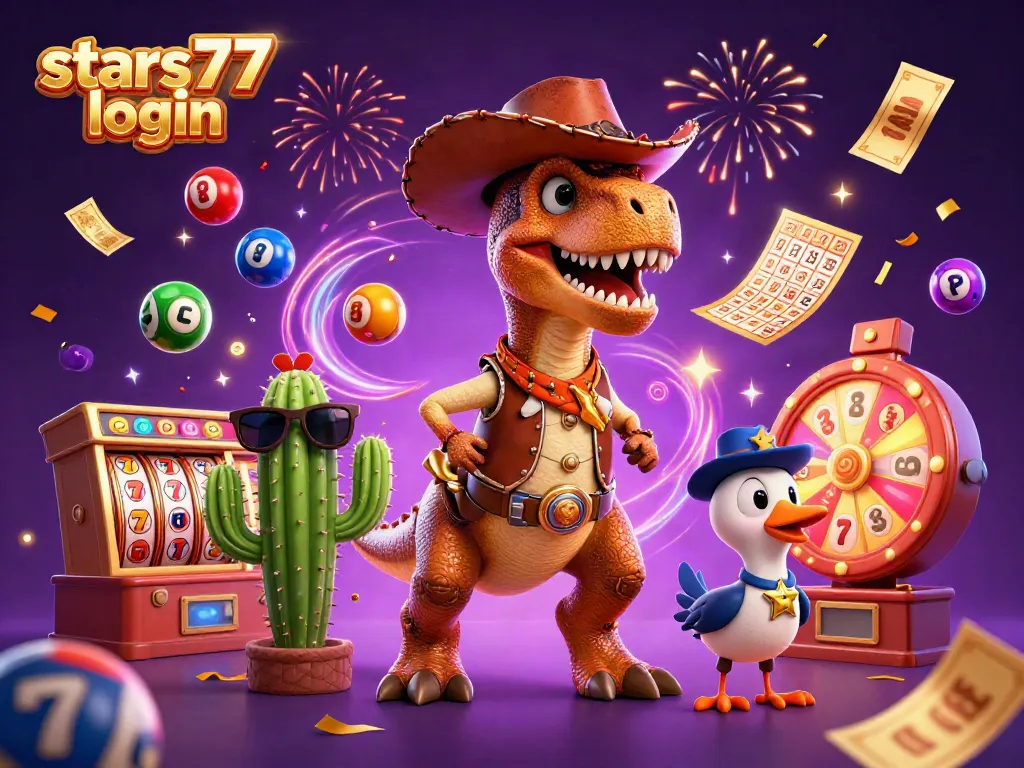 Mengakses stars77 login dengan karakter lucu dan elemen permainan kasino yang menggembirakan.