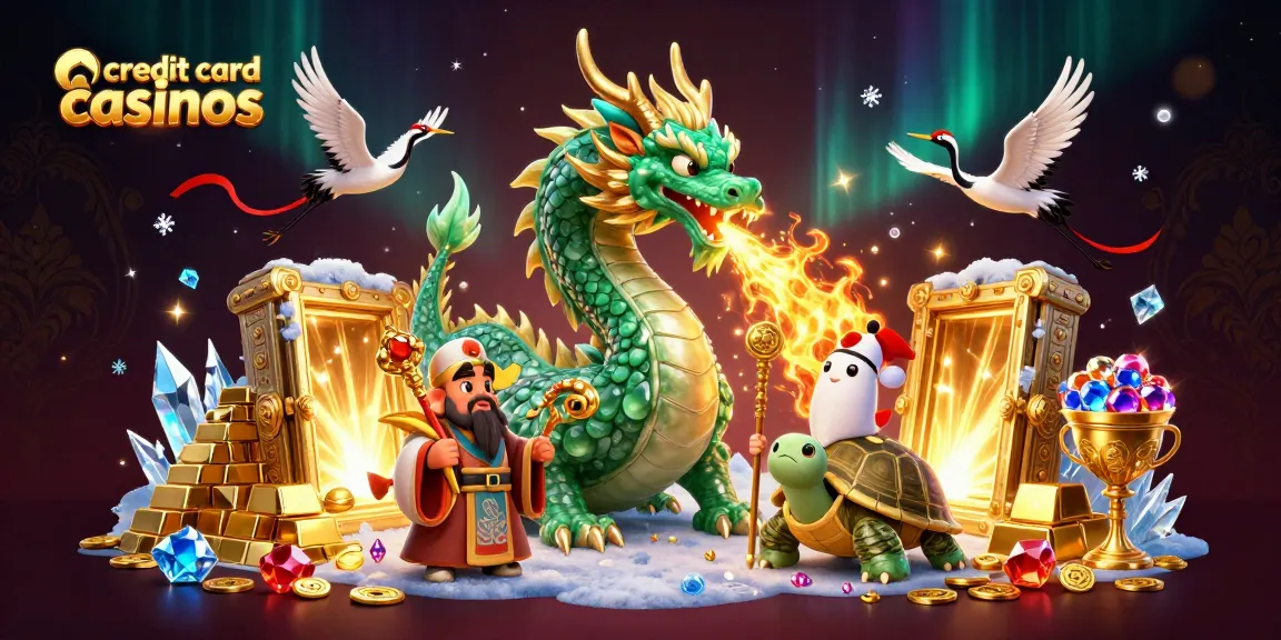 Engage with vibrant credit card casinos showcasing a jade dragon and gold treasures.