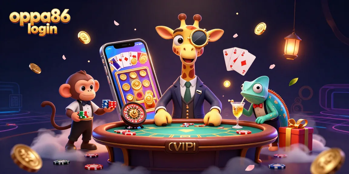 Engage with oppa86 login for exhilarating gameplay involving a high-roller giraffe, poker action, and vibrant casino elements.