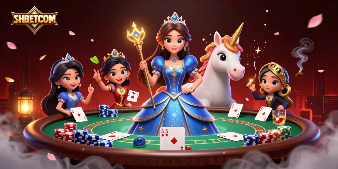 Engage with SHBETCOM through a vibrant 3D illustration featuring a royal ball gown, poker elements, and captivating magic.