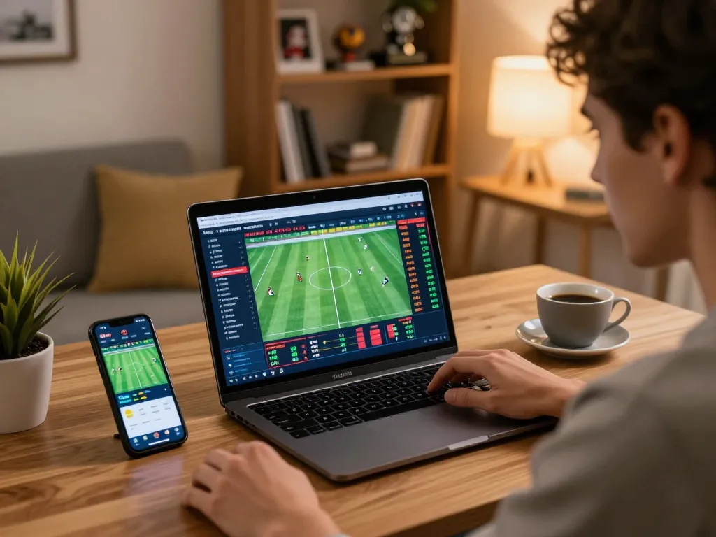 Kèo Nhà Cái Hôm Nay in action as a person analyzes live football betting odds on a laptop in a cozy home office.