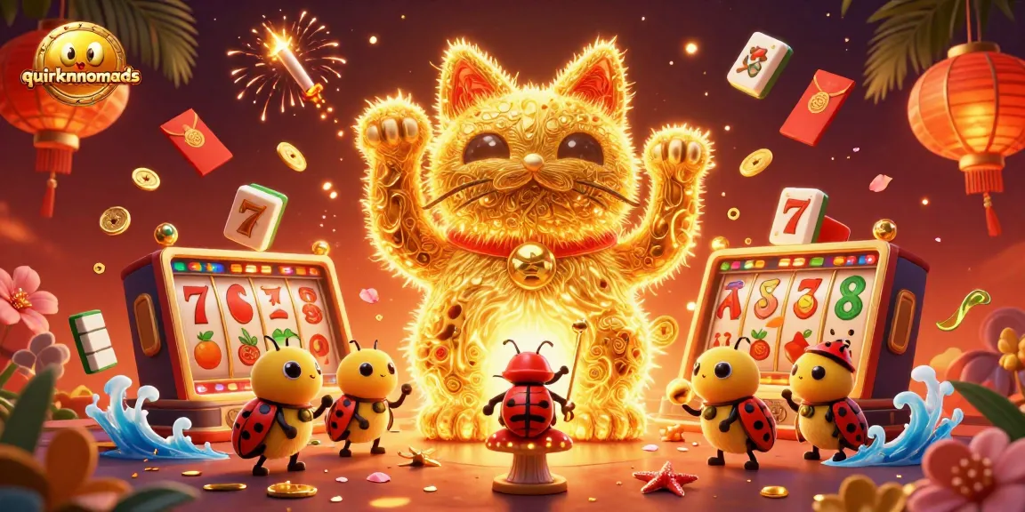Engage with quirkynomads in this vibrant casino scene featuring a lucky cat and dynamic symbols.