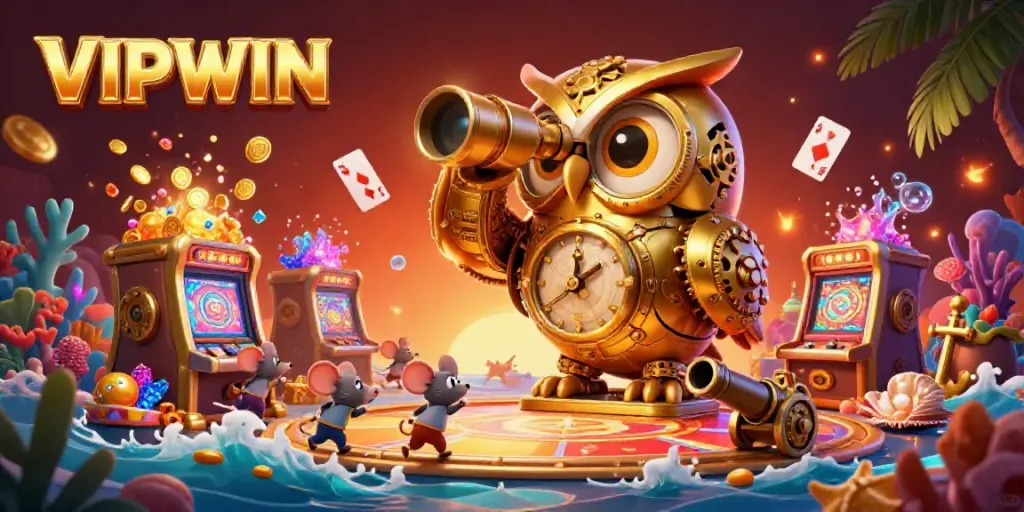 Experience the thrill of VIPWIN with a dynamic casino scene featuring a golden owl and treasure elements.