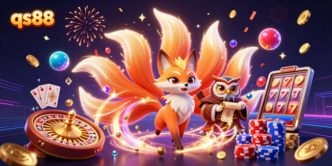 Spin to win at qs88 with a vibrant casino scene featuring a glowing nine-tailed fox and an owl sage!