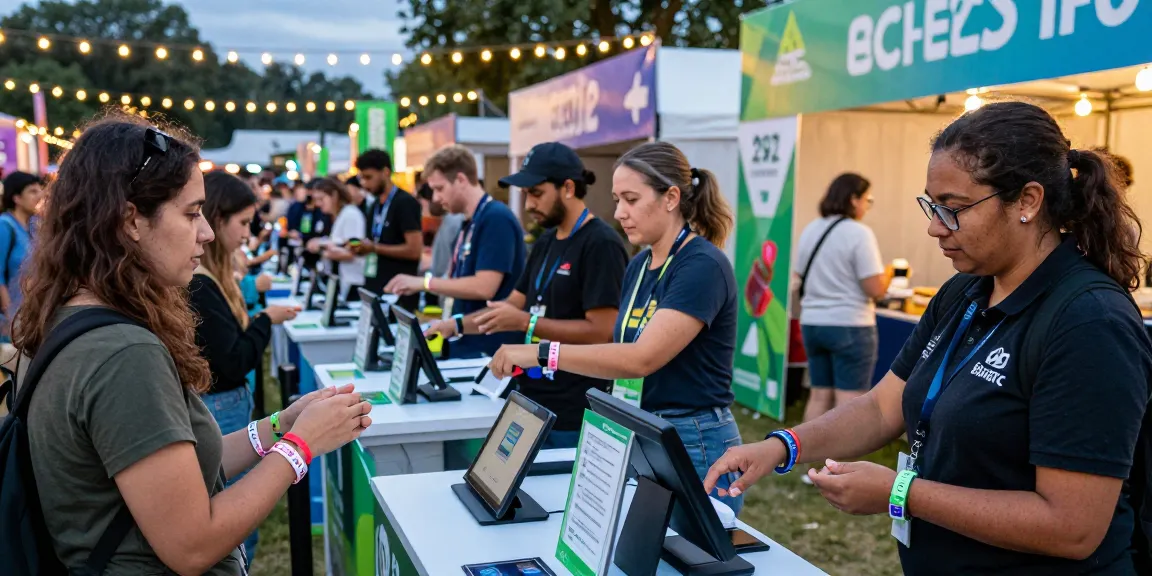 Vibrant festival scene with attendees using pago cashless en eventos wristbands for seamless access and payments.