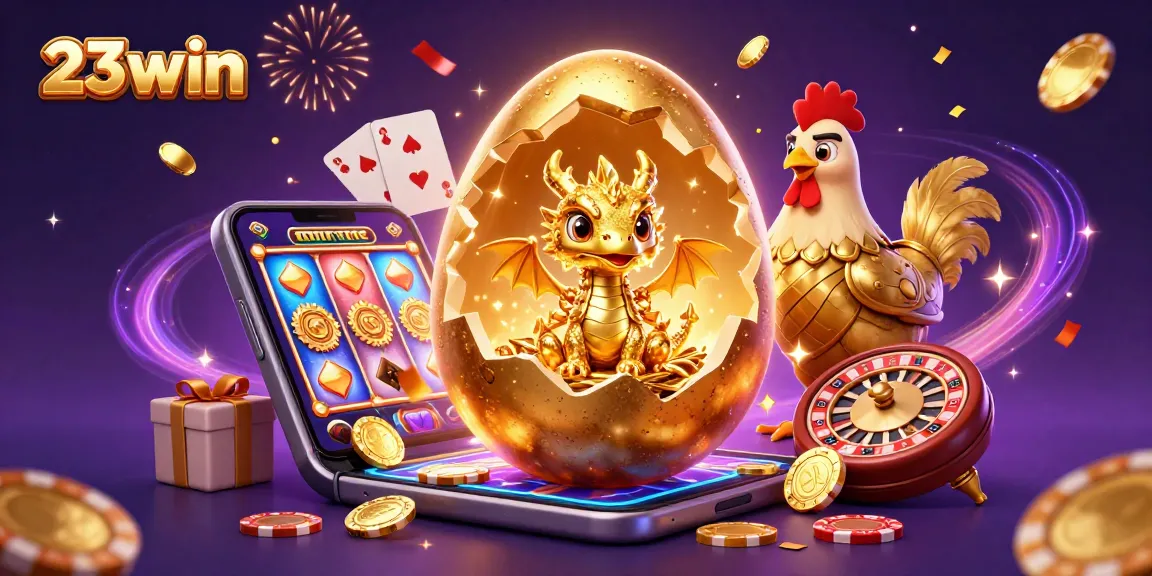 Engage in the excitement of 23win as a golden dragon emerges from a cracking egg with shimmering poker chips.