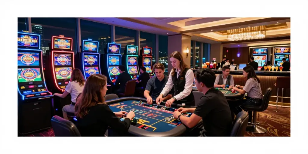 Casino bonus sans depot offering vibrant gaming experience with players and lively atmosphere.