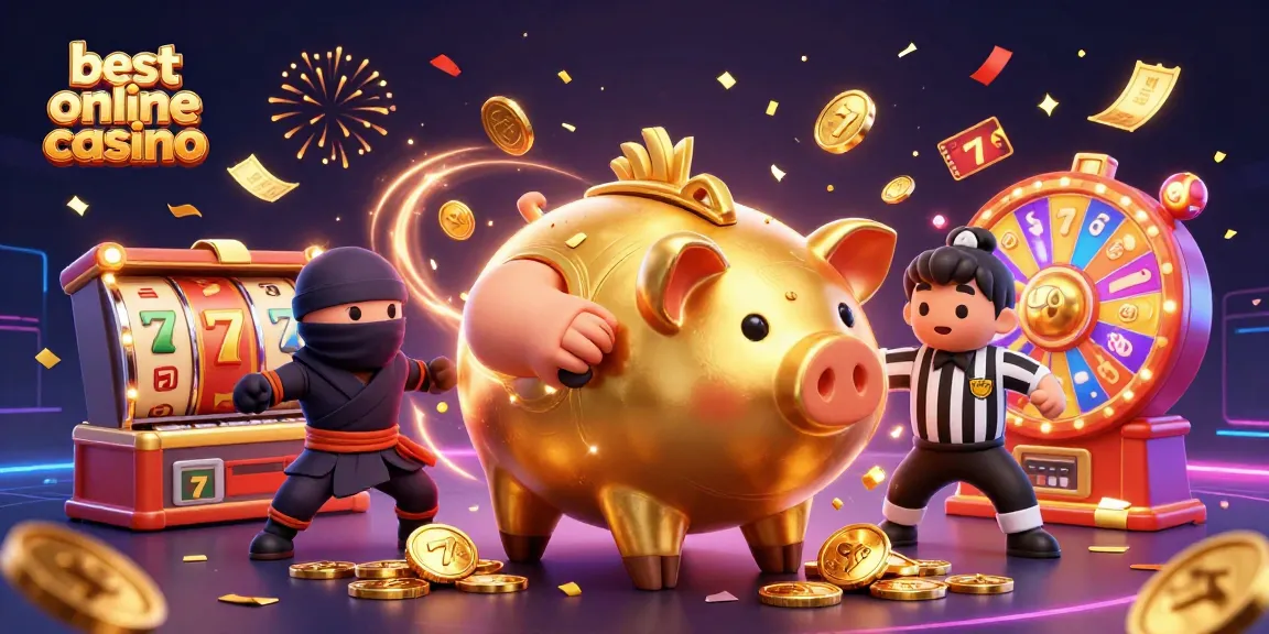 Win big at the best online casino with vibrant scenes of a piggy bank wrestler, a ninja, and jackpot elements.
