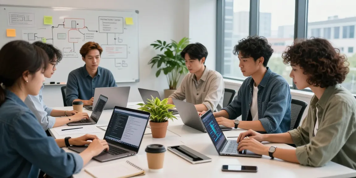 Build internal tools with AI in a modern tech workspace with professionals collaborating over laptops and brainstorming.