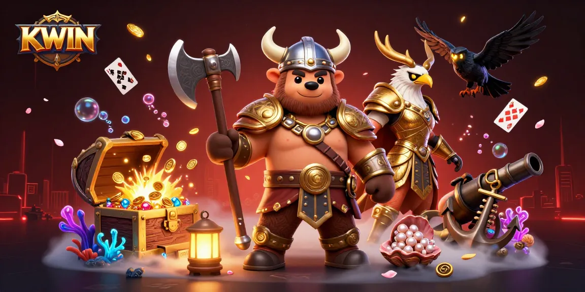 KWIN's exciting online gaming world featuring a Viking bear and Valkyrie eagle amid treasure, cards, and casino elements.