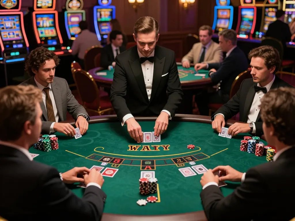 Players engage in a strategic blackjack game at a vibrant casino table showcasing the excitement of 9bet.