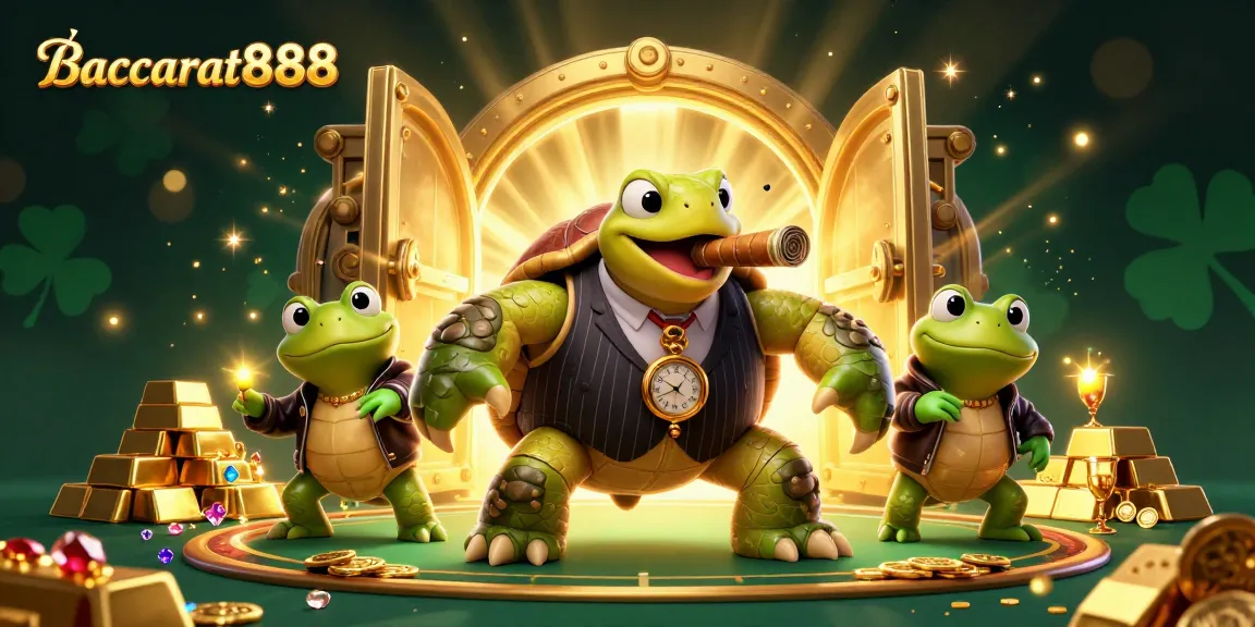 Engage in Baccarat888 action with a dynamic casino scene showcasing a stylish snapping turtle and bullfrog enforcers.