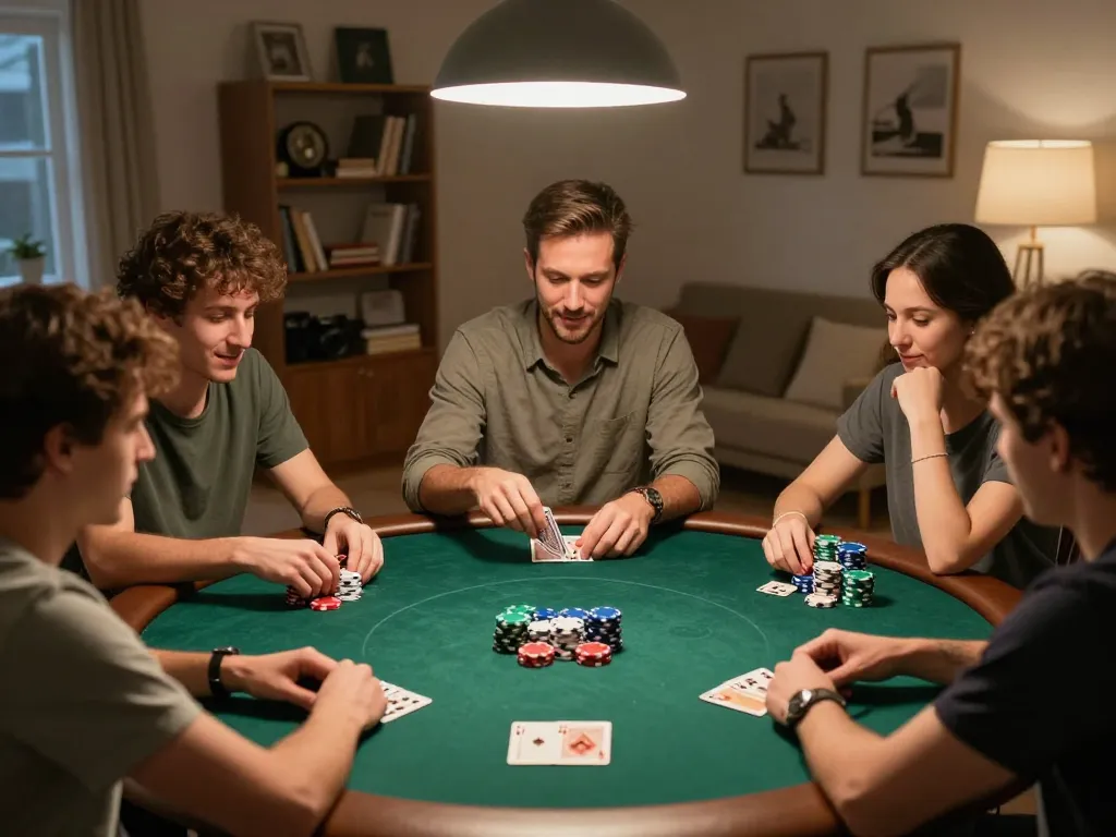 Players engage in poker strategy at home, highlighting social gaming with gamebaidoithuong8.