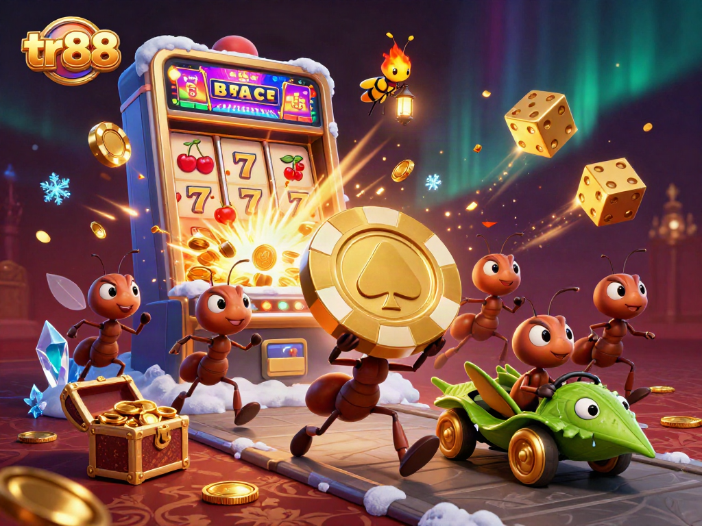 tr88 showcases ants gripping a massive golden poker chip amidst casino symbols and dynamic gaming elements.