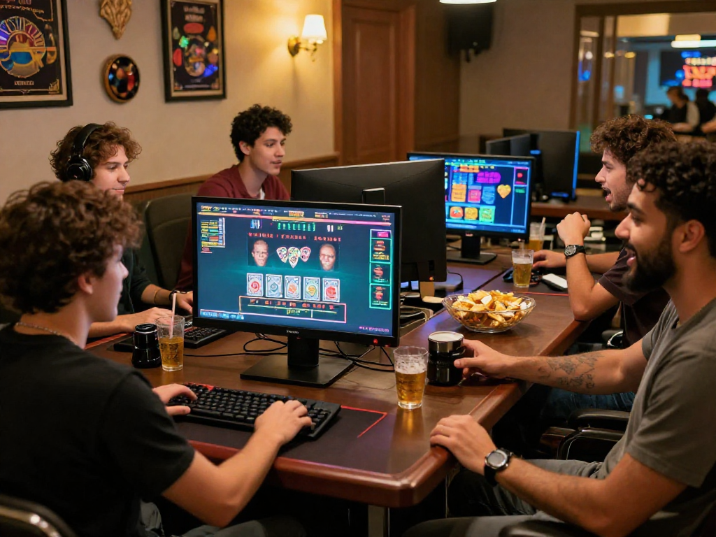 Scena di un gruppo di amici che giocano ai migliori casino online, con giochi e atmosfera vivace.