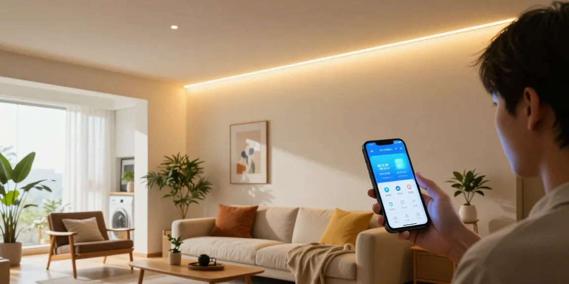 Banda LED în living modern cu iluminare caldă și elegantă