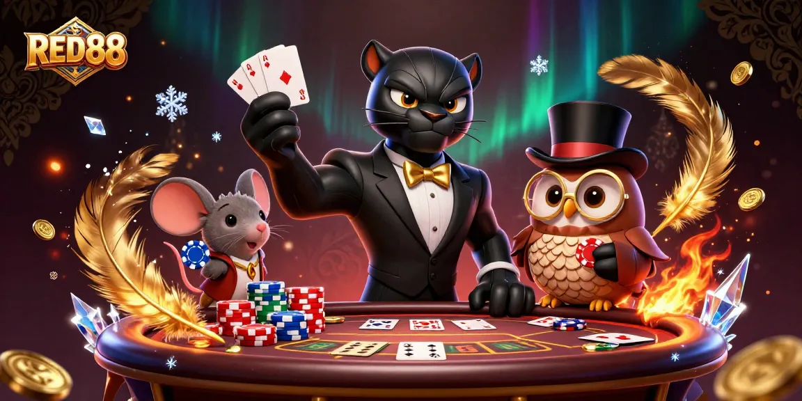 Experience the thrill of RED88 with a stylish panther dealer at an elegant poker table.