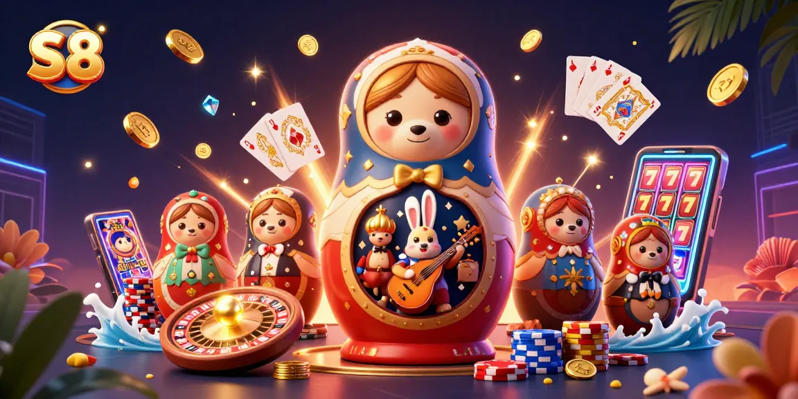 S8 players spin winning fortunes at a vibrant casino scene enriched with games, gold coins, and energetic characters.
