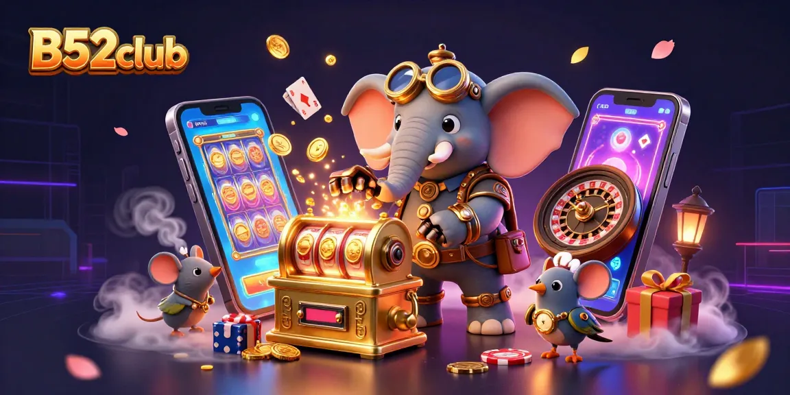 Experience thrilling gameplay at B52club with steampunk characters and vibrant casino elements in a dynamic illustration.