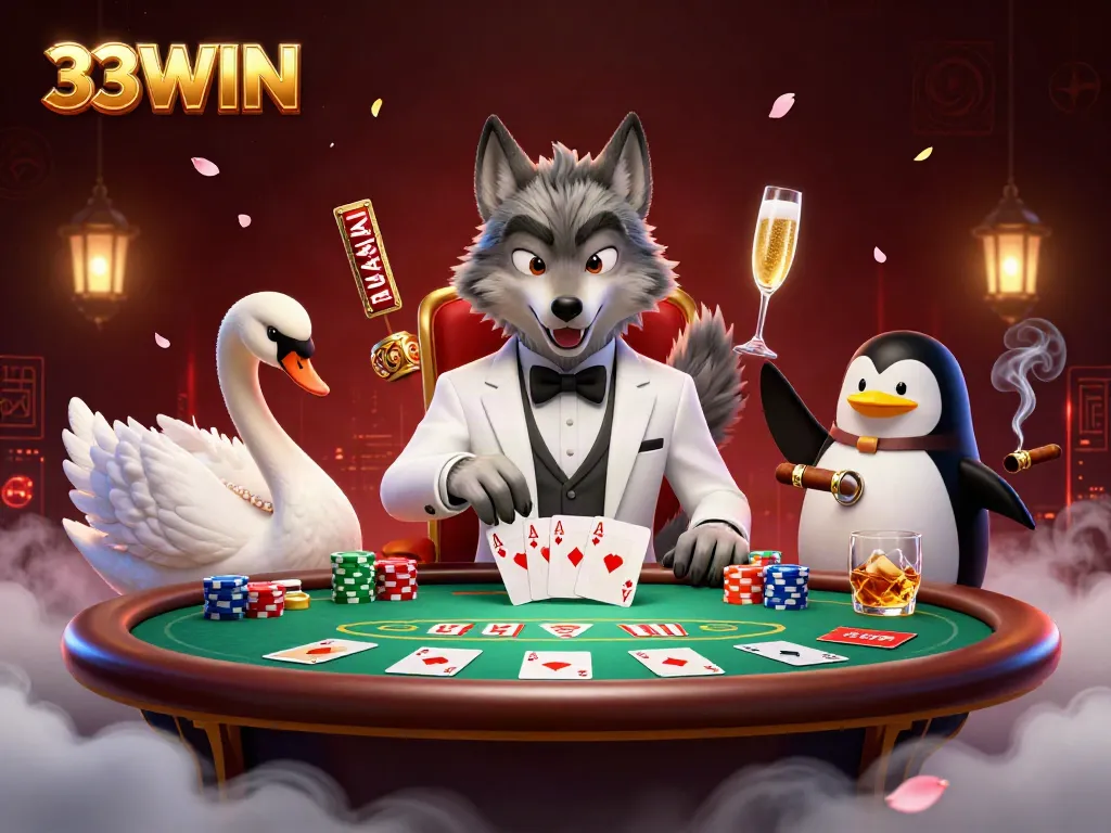 Engage in thrilling casino action at 33WIN, featuring unique characters like a debonair wolf and an elegant swan.
