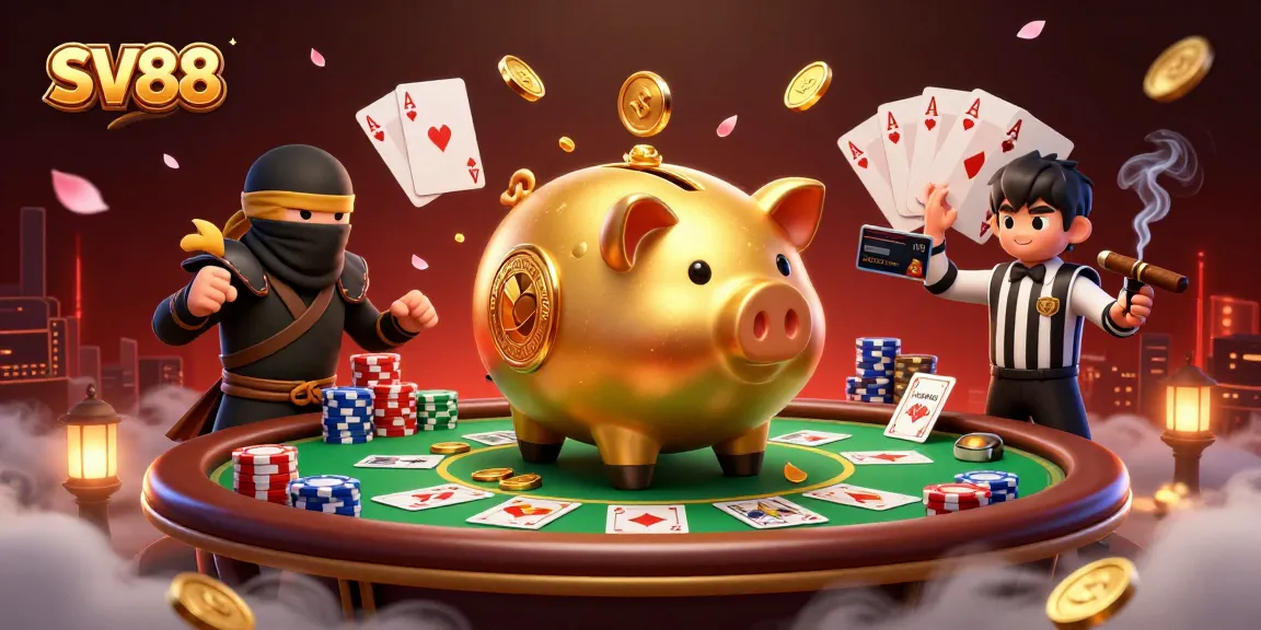 SV88 themed illustration of a golden piggy bank sumo wrestler celebrating a poker victory in a vibrant casino