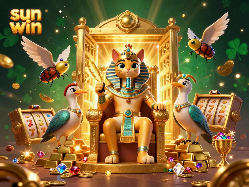 Win big with sun win in a vibrant 3D casino scene featuring Egyptian characters and riches.