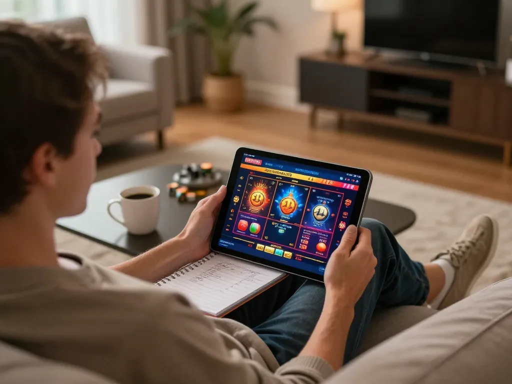 Engaging online gaming moment on 888b platform, showcasing user focused on tablet gameplay.