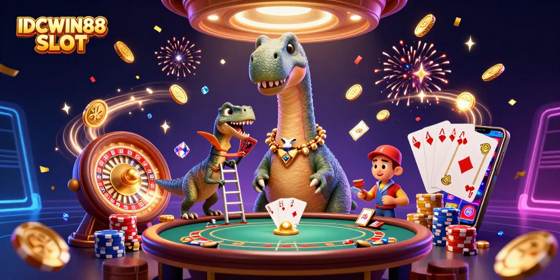 Play thrilling IDCWIN88 SLOT with giant dinosaur and raptor dealer in a vibrant casino scene.