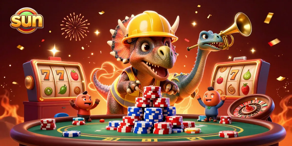 Win big at sun-themed online casinos with a fun 3D illustration of dinosaurs celebrating gaming.