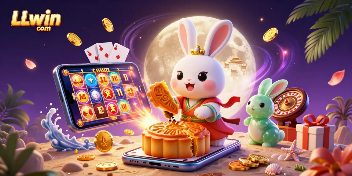 Experience excitement at LLwin com with a whimsical lunar scene featuring poker chips and slot games.