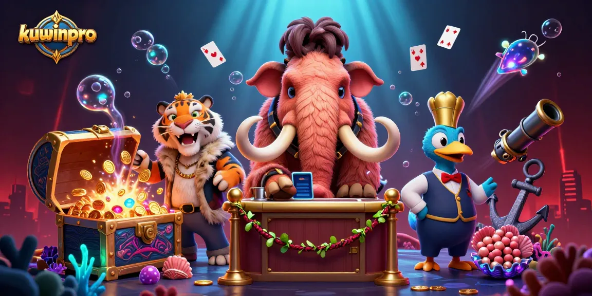 Experience exclusive gaming at kuwinpro, featuring VIP characters and a dynamic casino atmosphere with treasure chest elements.