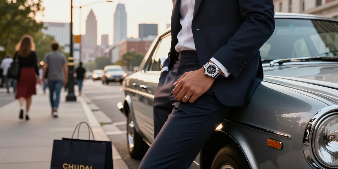 Stylish individual showcasing a premium clone watch against a city skyline.