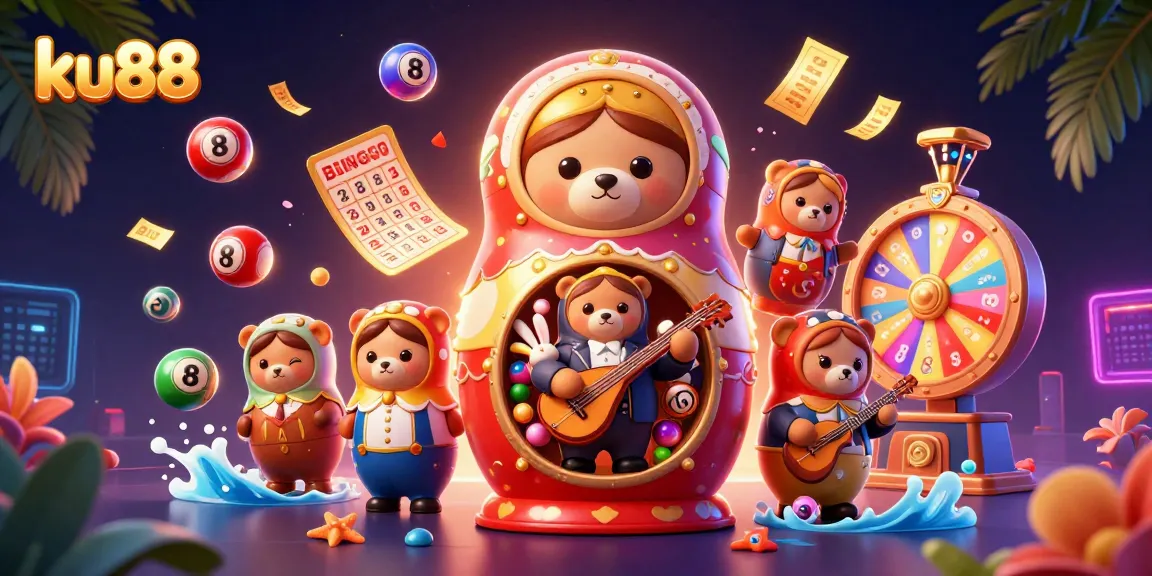 ku88 lottery balls bounce energetically around casino bears and a serenading rabbit in this vibrant illustration.