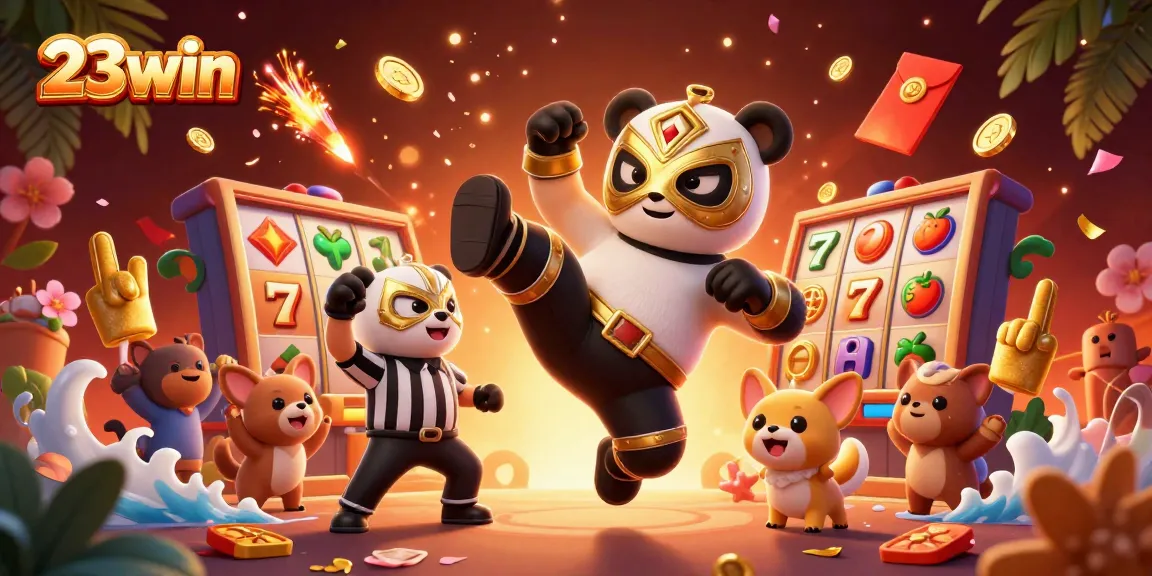 Engage with the exciting world of 23win, featuring a panda wrestler in an illustration celebrating slot games and casino fun.