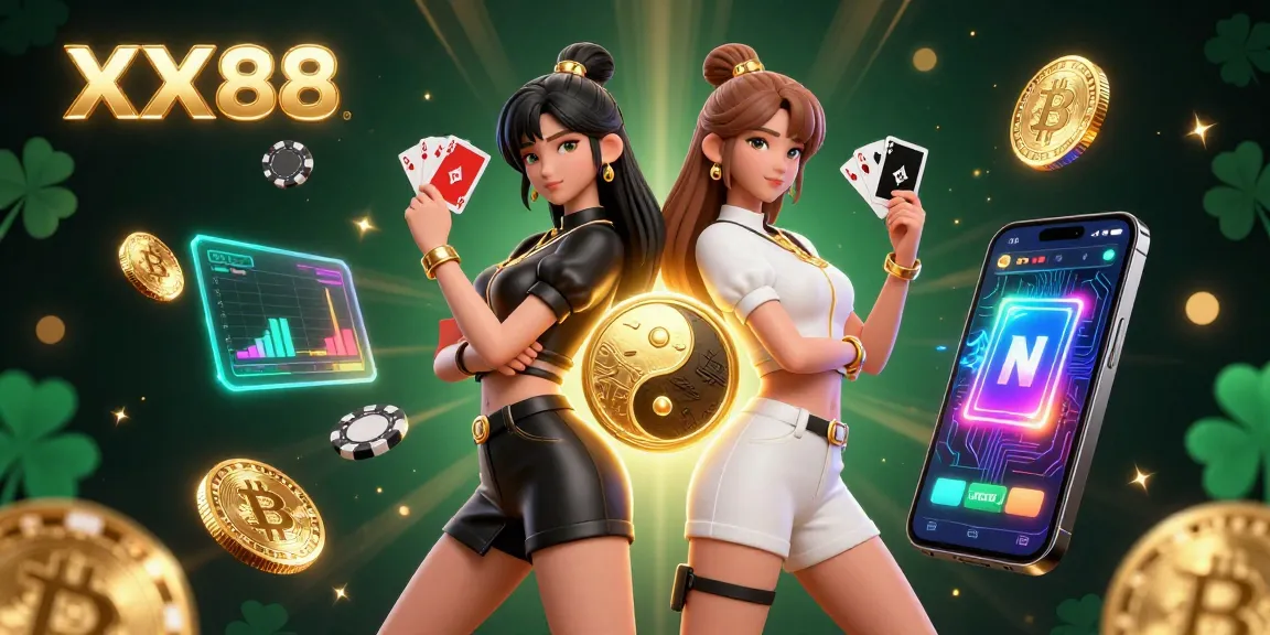Play at XX88 to win big with stunning action featuring twin Asian women holding cards amidst a dazzling casino backdrop.