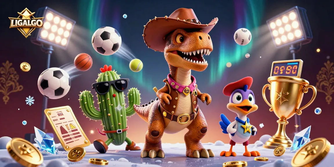 LIGALGO brings excitement to the game with a playful T-Rex, cactus, and roadrunner in a vibrant casino scene.