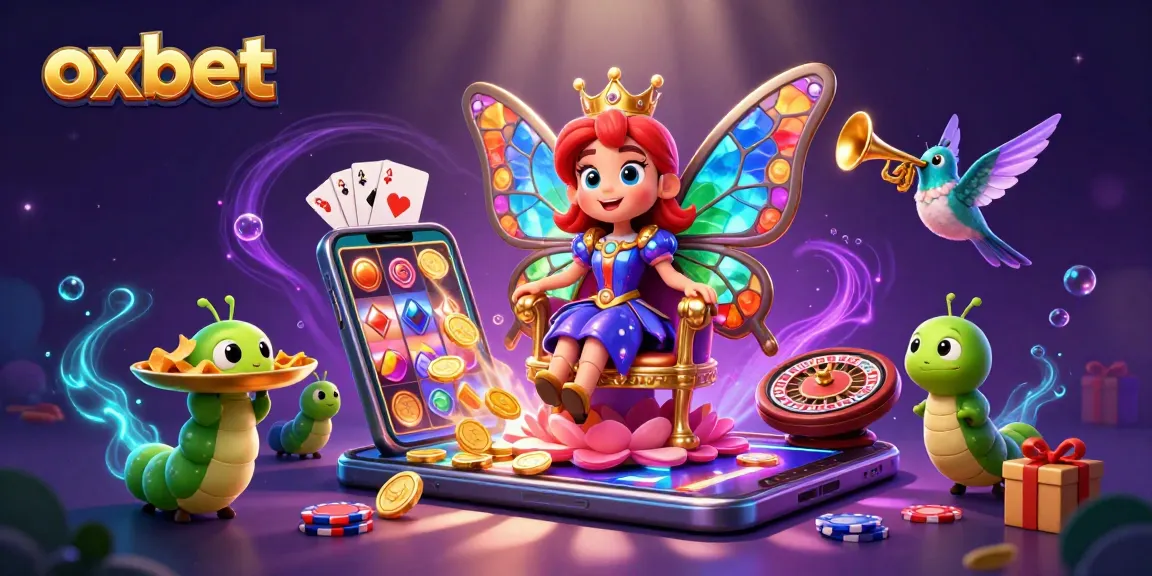 Experience the vibrant world of oxbet with a 3D illustration showcasing a butterfly queen amid casino elements.