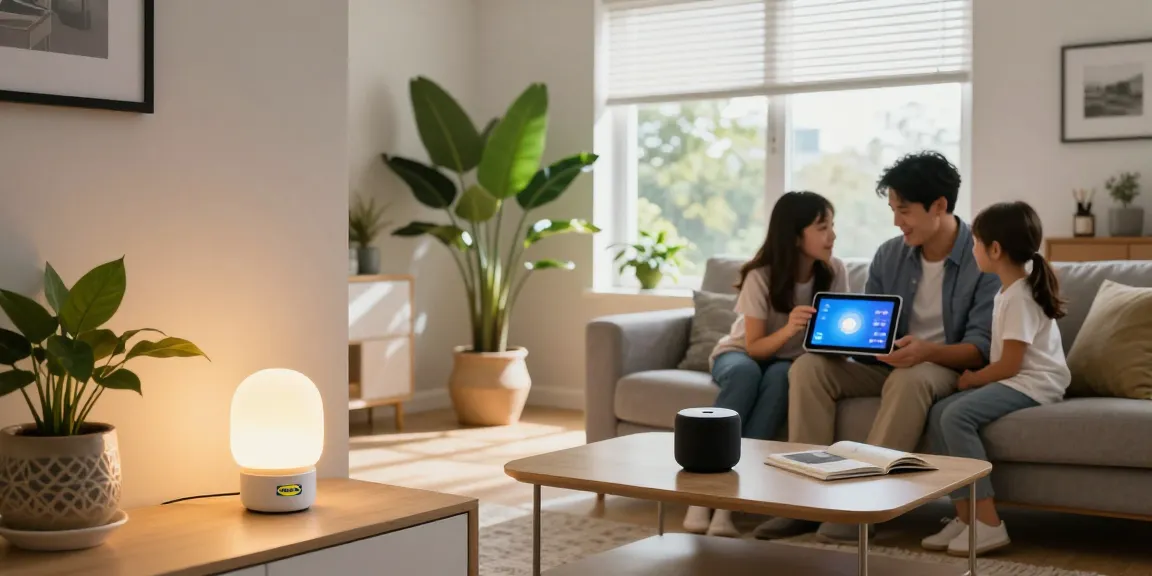 IKEA smart home products in a cozy living room with ambient lighting and interactive control.