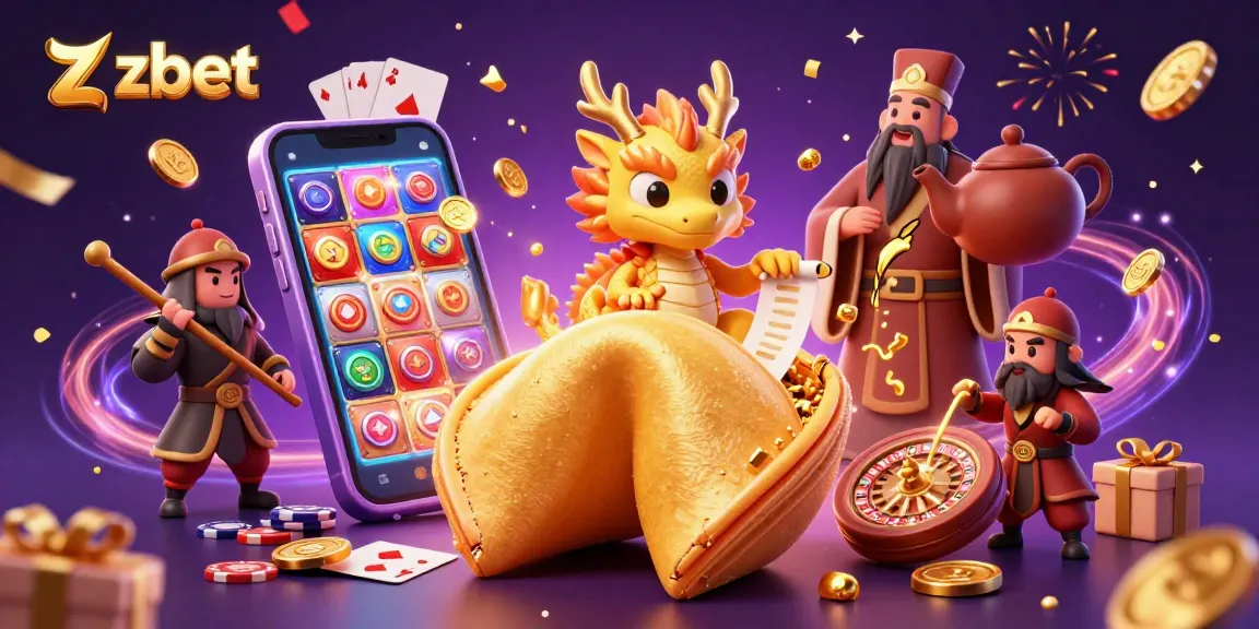 Engage with zbet's magical casino world featuring golden fortune cookie, wise dragon, and vibrant gaming elements.