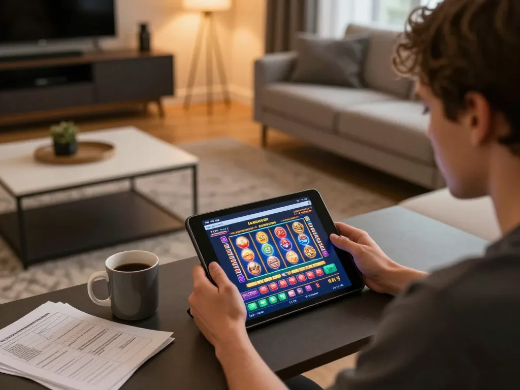 Player engaging in online mm88 casino gaming session at home with tablet and strategy notes