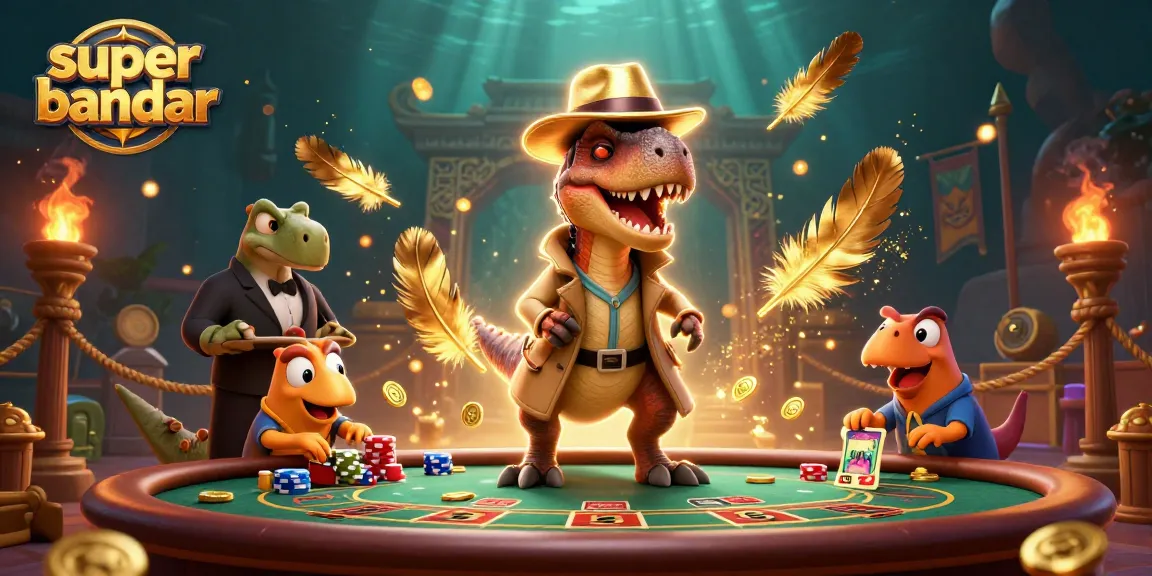 Super bandar menampilkan raptor dan bos kasino yang mencurigakan serta pencopet di meja blackjack dengan nuansa kasino yang kaya.