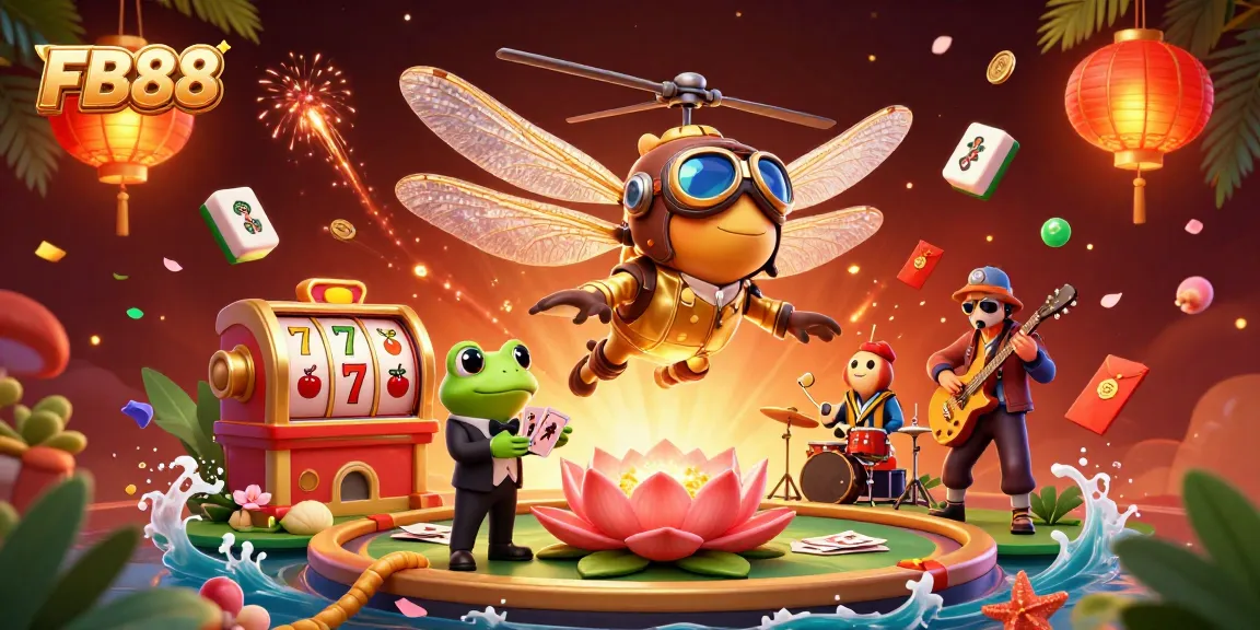 Experience thrilling games at FB88 with a lively scene of a dragonfly pilot, frog dealer, and jazz musicians.