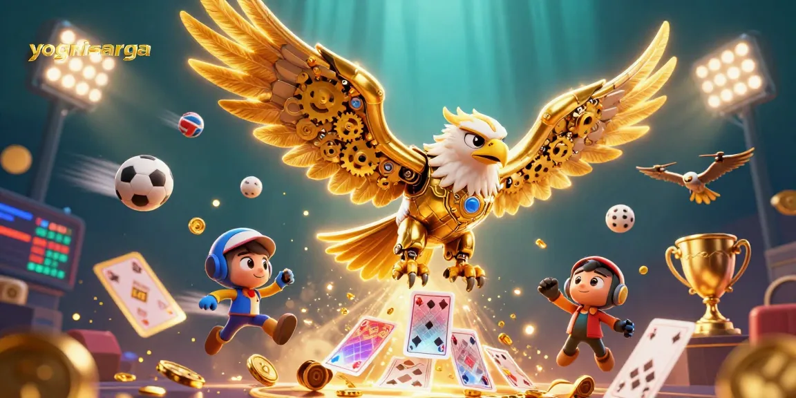 yognisarga showcases thrilling sports betting action with a cybernetic golden eagle amidst holographic cards.