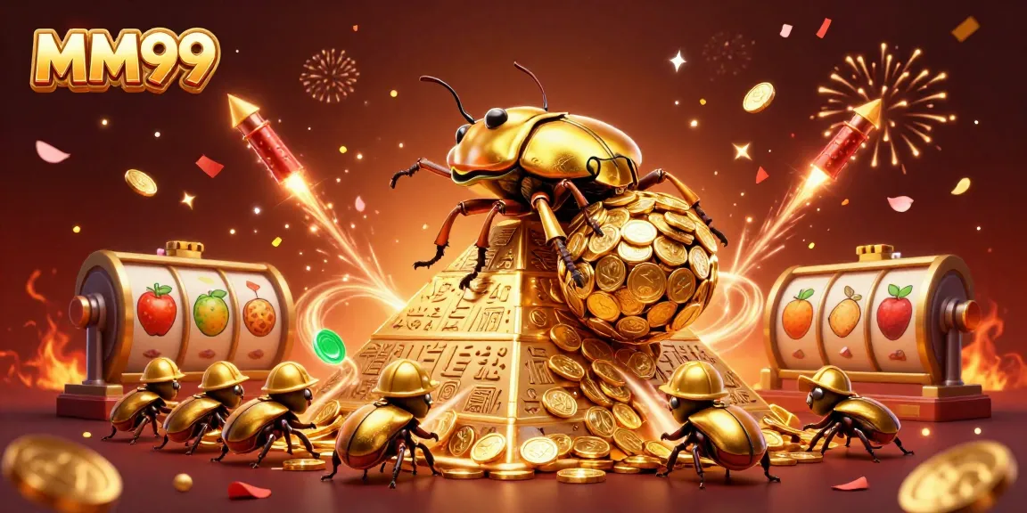 Experience winning at MM99 in a vibrant 3D casino scene filled with rich symbols and joyful creatures.