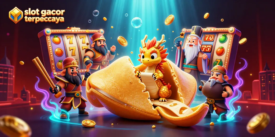 Experience the excitement of slot gacor terpercaya with a dynamic 3D cartoon scene including vibrant slot reels, a wise dragon, and golden fortune cookie.