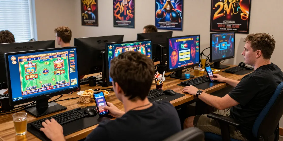 Engaged players enjoying deposit pulsa tanpa potongan in a lively gaming room with colorful slot games on screens.